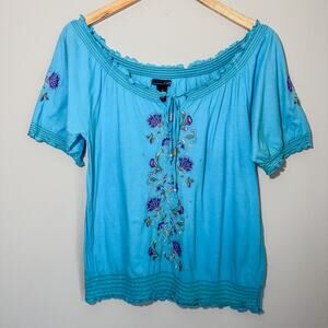 Vintage Y2K RXB Turquoise Blue Embroidered Peasant Blouse Smocked Top Small